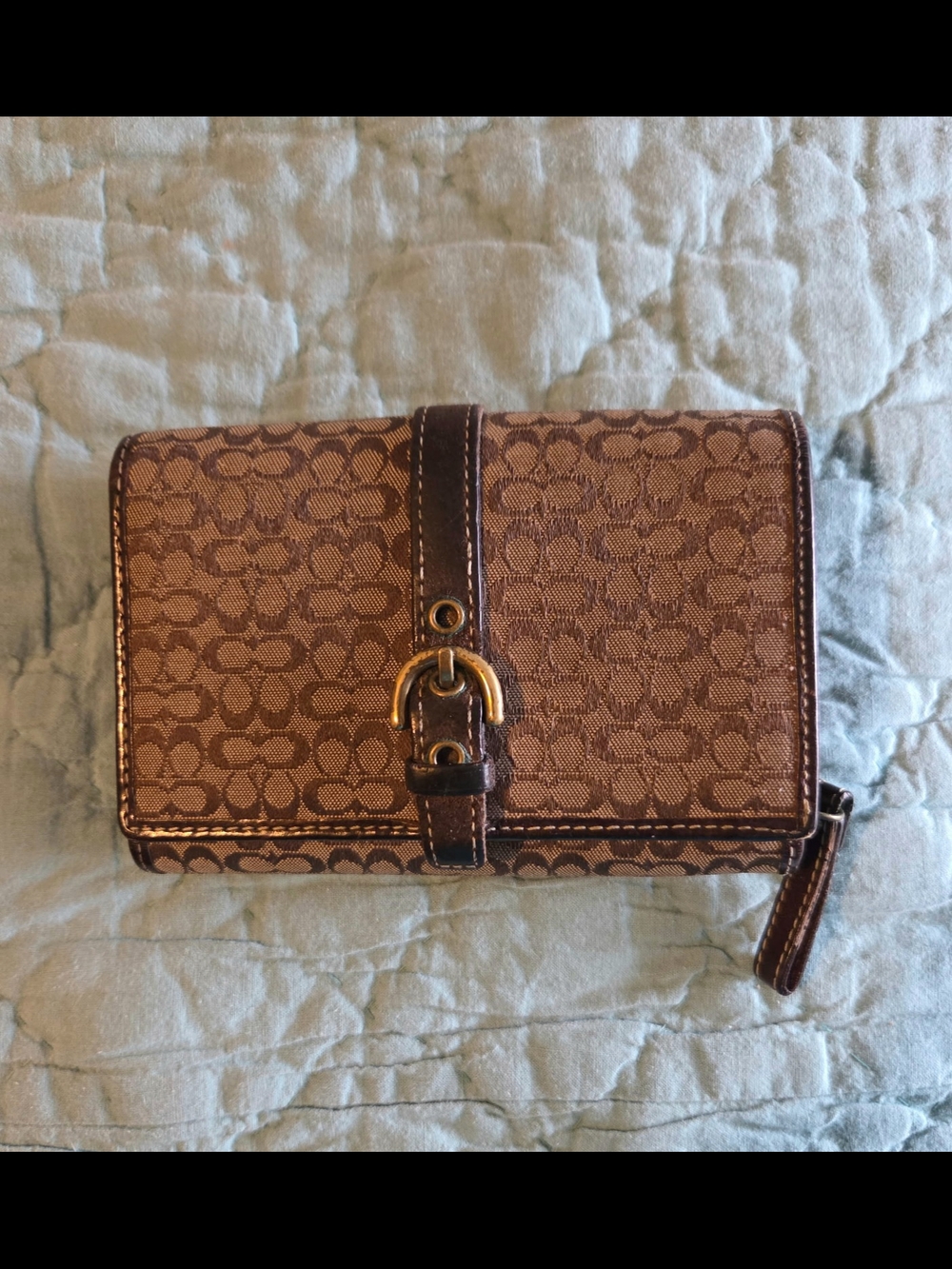 Coach Signature Brown Trifold Wallet with Buckle Detail, Very Good Condition